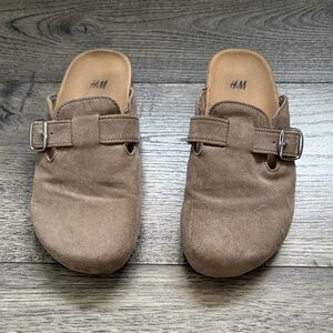 H&M Tan Suede Clogs with Silver Buckle